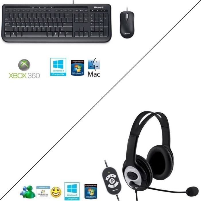 Pack Microsoft Wired Keyboard 600 Noir + souris + Casque LifeChat™ LX-3000