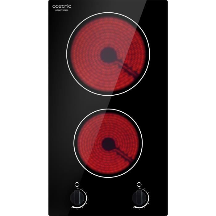 OCEANIC TV2ZMA2 Plaque de cuisson domino vitrocéramique encastrable - 2 zones - 3000W - L28,8 x P52cm - Revêtement verre - Noir