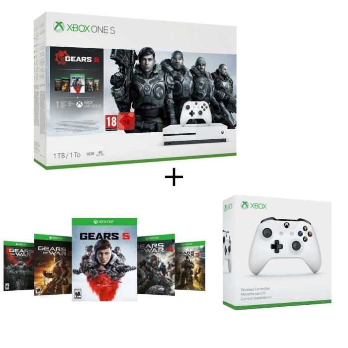 Xbox One S 1 To + 5 jeux Gears of War + 1 mois d'essai au Xbox Live Gold et Game Pass + Manette sans fil Xbox One blanche