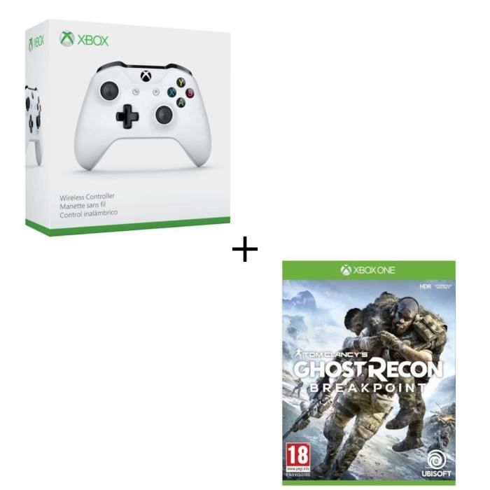 Manette sans fil Xbox One blanche compatible PC + Ghost Recon BREAKPOINT Jeu Xbox One