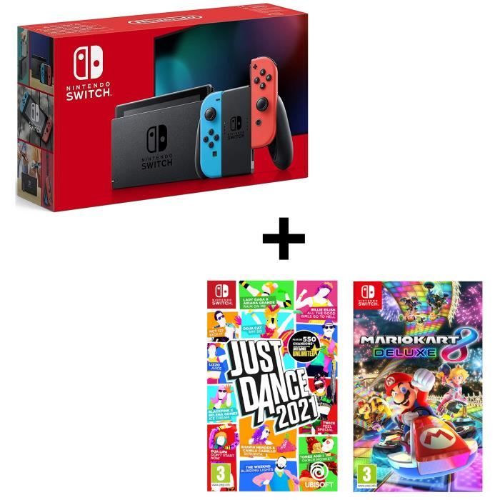 Pack : Console Nintendo Switch Neon + Just Dance 2021 + Mario Kart 8 Deluxe