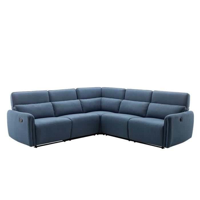 Canapé d'angle avec 2 places relax électrique et manuel - Tissu Bleu - L 269 x P 50 x H 99 cm - LANDON