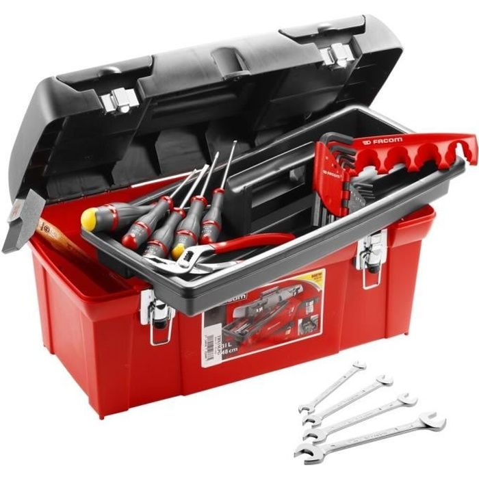 Caisse polypropylène 19- FACOM -TBX1M.PB (Livrée avec 5 Tvis Protwist + 9 Clés mâles + 4 Clés à fourche + Marteau rivoir + Pince)