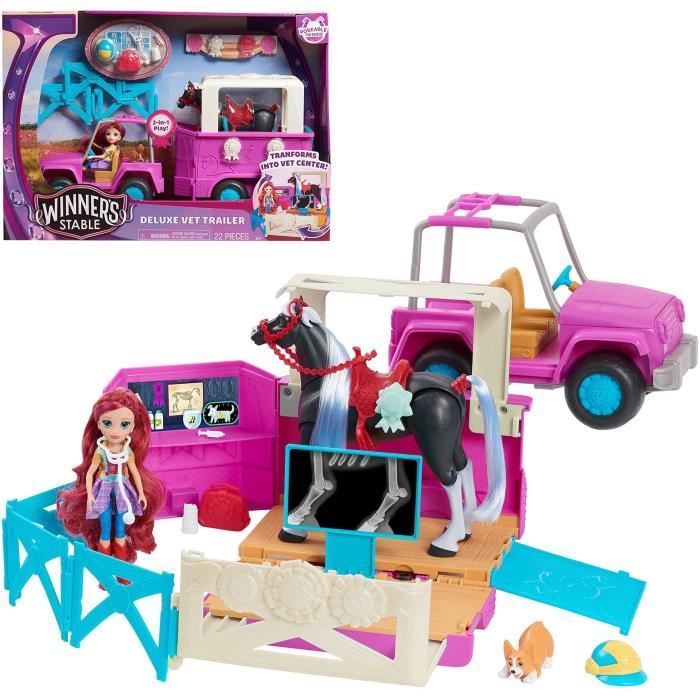 Winners Stable, Centre Vétérinaire Mobile, 22 pièces, Contient Voiture, Remorque vétérinaire, Cheval articulé, Poupée et accessoires
