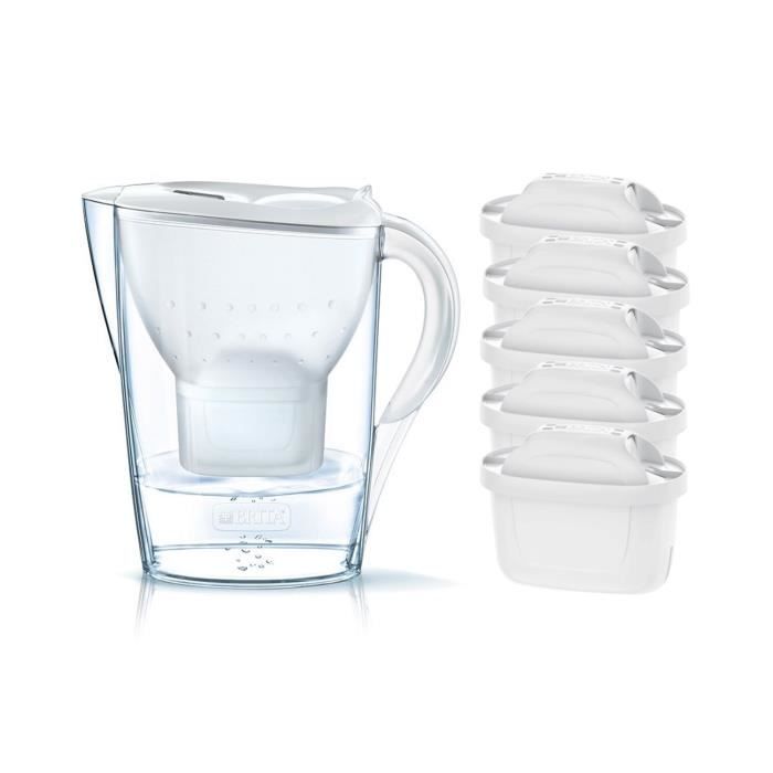 Pack BRITA Carafe filtrante MARELLA Blanc + 5 Cartouches de rechange