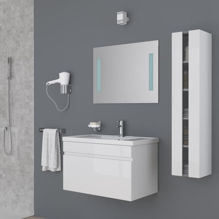 ALBAN Ensemble salle de bain simple vasque avec miroir L 80 cm - Blanc laqué brillant