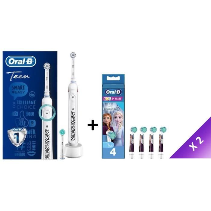 Oral-B Teen White Brosse à Dents Électrique Rechargeable - Lot de 4 + 4 Brossettes Disney La reine des neiges