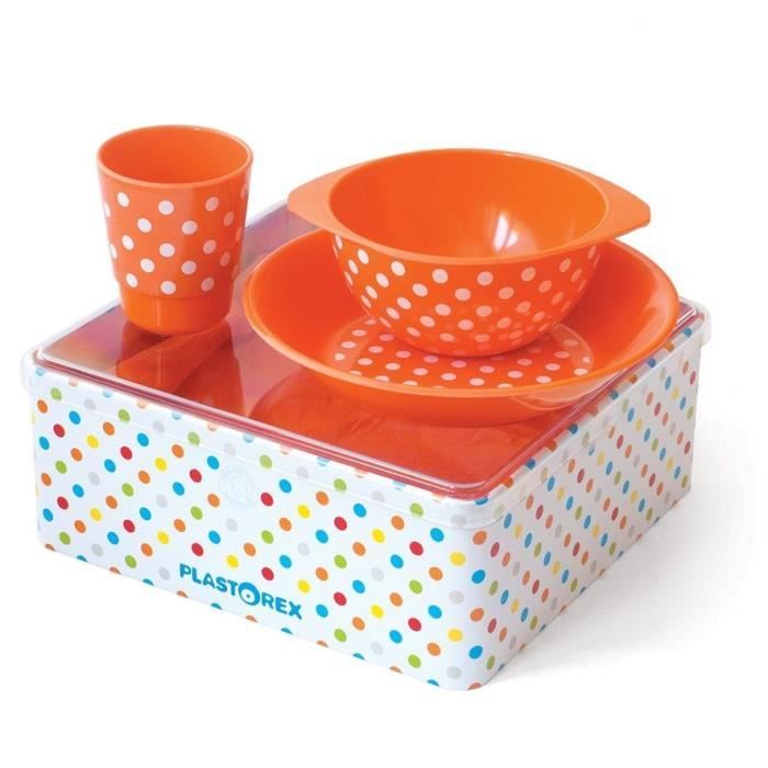 MILL'O BÉBÉ Coffret Repas mélamine orange décor Petits Pois Blancs (assiette, bol, gobelet) sous boîte métallique décorée