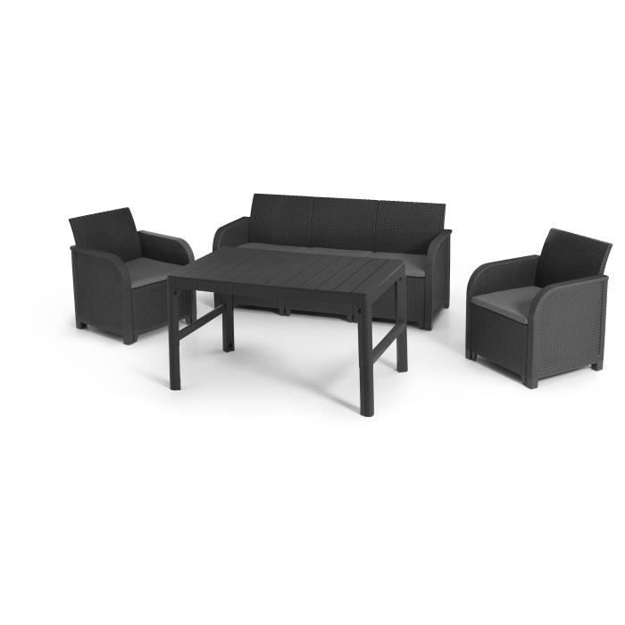 Salon de jardin imitation en rotin tressé ALLIBERT by KETER - 5 places - Table basse 2 positions - Gris graphite - SANREMO LYON
