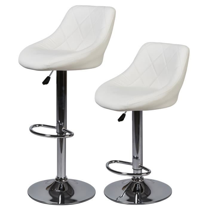 Lot de 2 Tabourets de bar Télescopique - Simili Blanc - Pieds métal - L 46 x p 50x H 85-106 cm - L 46 x P 35 x H 60 cm - TRIANON