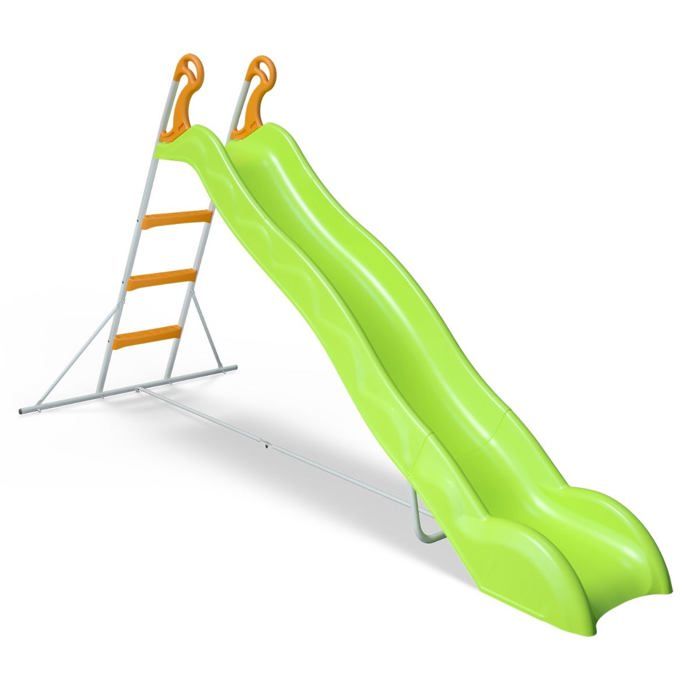 Toboggan LINOU de 2,63m de glisse , coloris vert avec 3 echelons anti-dérapants coloris orange, structure métal coloris gris.