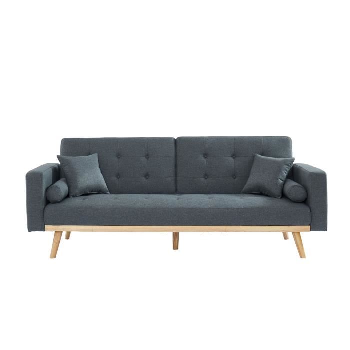 KELLY Canapé droit convertible 3 places - Tissu anthracite - L 216 x P 78 x H 85 cm