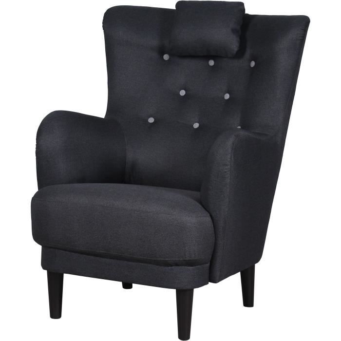 WERNER Fauteuil - Tissu Anthracite - Boutons gris clair - L 81 x P 90 x H 106 cm