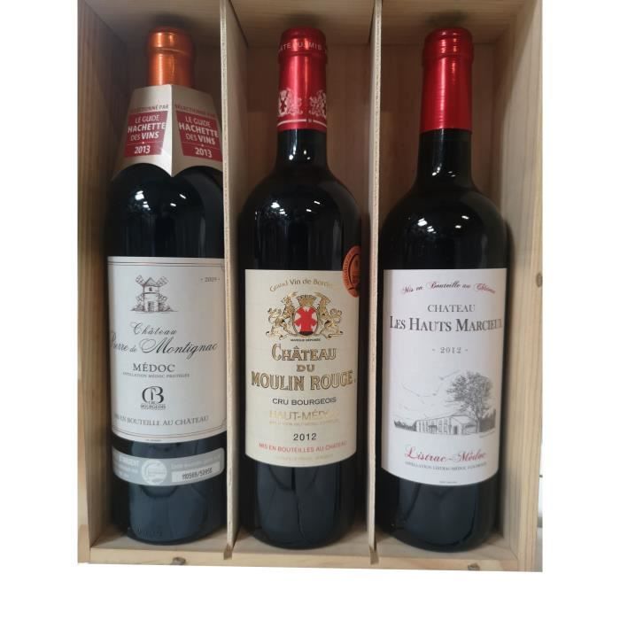 Coffret bois de 3 bouteilles de vin Médoc 75cl
