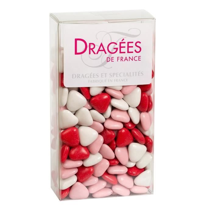 DRAGEES DE FRANCE Petits Cœurs Chocolat 70% Cacao - Couleurs : blanc, rose et rouge - Etui 250 g