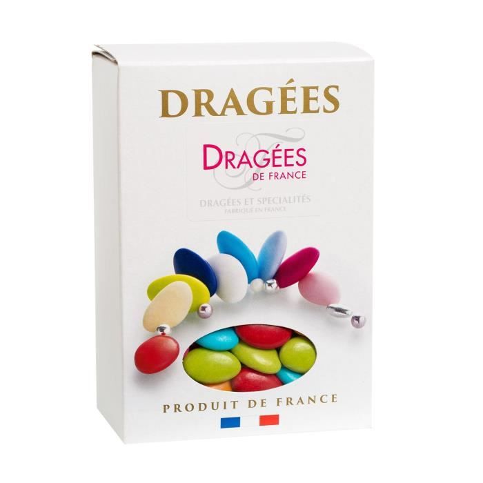 DRAGEES DE FRANCE Dragées Chocolat - Couleurs : caraibes, vert anis, vert pomme, orange, jaune soleil, rouge et fuchsia - Boîte 1 kg