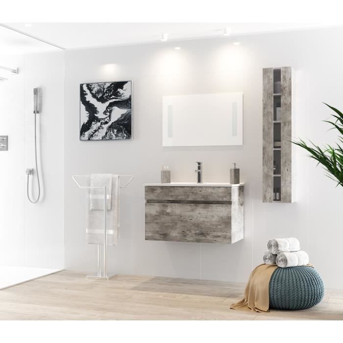 ALBAN Ensemble salle de bain simple vasque avec miroir L 80 cm - Décor bois gris
