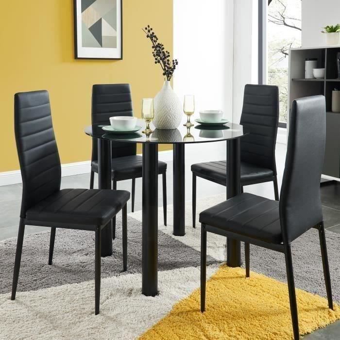 BERENICE Ensemble table à manger ronde en verre 4 personnes 90 cm + 4 chaises en simili - Noir