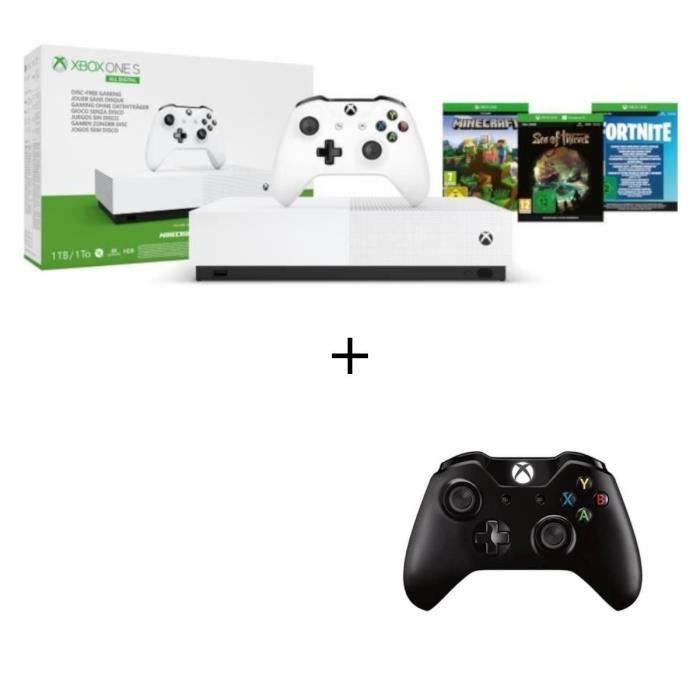 Xbox One S All Digital + 2eme Manette Noire + 3 jeux dématérialisés : Fortnite, Sea of Thieves et Minecraft
