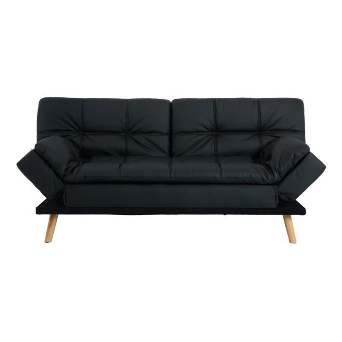 ZORA Banquette convertible clic-clac 3 places - Simili noir et pieds en bois - L 188 x P 88 x H 88 cm