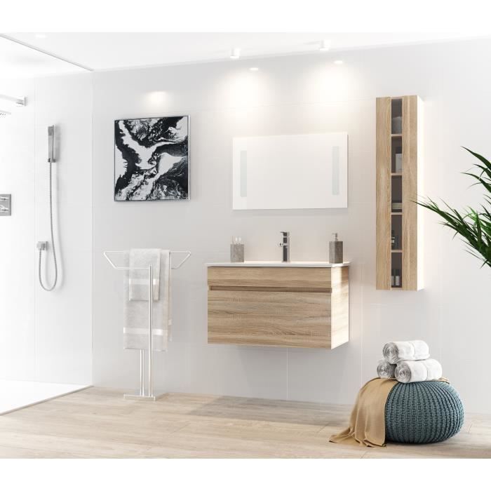 ALBAN Ensemble salle de bain simple vasque avec miroir L 80 cm - Décor bois naturel