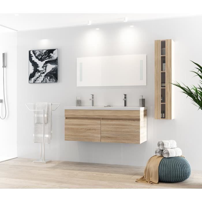 ALBAN Ensemble salle de bain double vasque avec miroir L 120 cm - Décor bois naturel