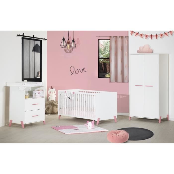 BABYPRICE - Chambre complète JOY ROSE : 70*140 cm Lit + armoire + commode