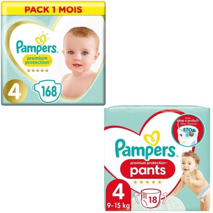 PAMPERS Premium Protection Taille 4 8-16 kg 168 Couches Pack 1 Mois + Premium Protection Pants Taille 4 18 Couches-culottes