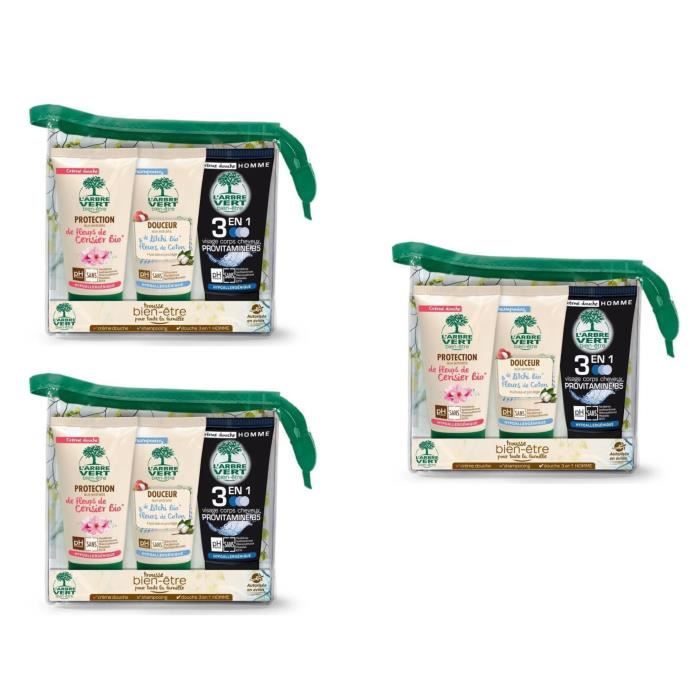 Lot de 3 L'ARBRE VERT BIEN-ÊTRE Trousse bien-être - 1 gel douche 75 ml + 1 Shampooing 75 ml + 1 gel douche Homme 75 ml