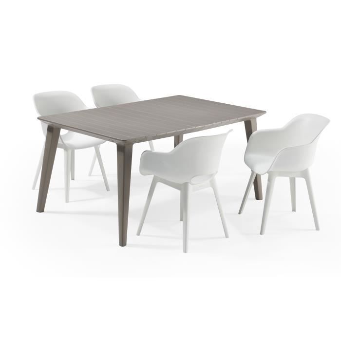 ALLIBERT JARDIN Table LIMA 160x100cm - Capuccinno + 2 lots de 2 fauteuils AKOLA Blanc - Résine