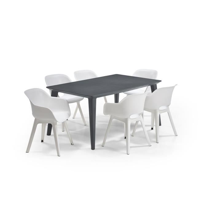ALLIBERT JARDIN Table LIMA 160x100cm - Graphite + 3 lots de 2 fauteuils AKOLA Blanc - Résine
