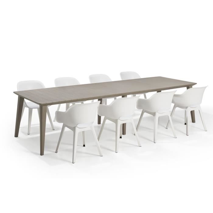ALLIBERT JARDIN Table LIMA 320x100cm - Capuccinno + 4 lots de 2 fauteuils AKOLA Blanc - Résine