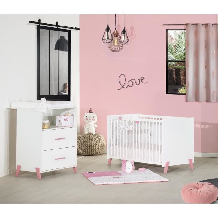 BABYPRICE JOY ROSE Lit bébé 60*120cm + commode 2 tiroirs et 1 niche