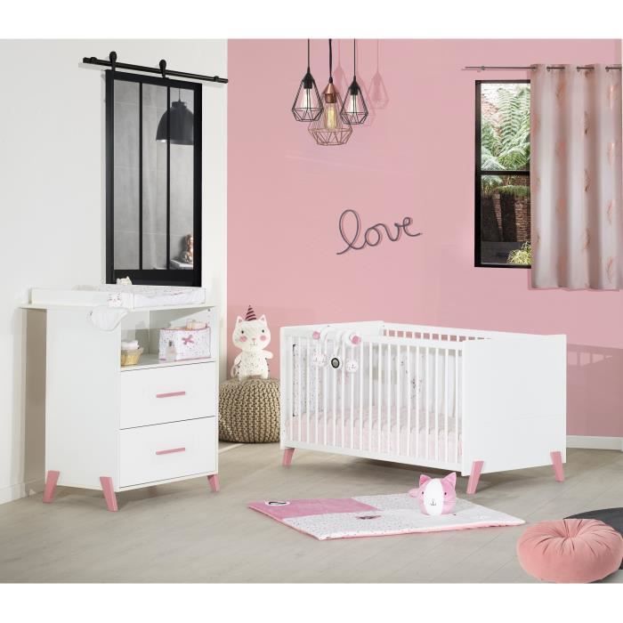 BABYPRICE JOY ROSE Lit bébé évolutif 70*140cm + commode 2 tiroirs et 1 niche