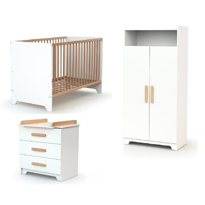 AT4 Chambre complète Gavroche bois et blanc (Lit + Commode + Armoire)