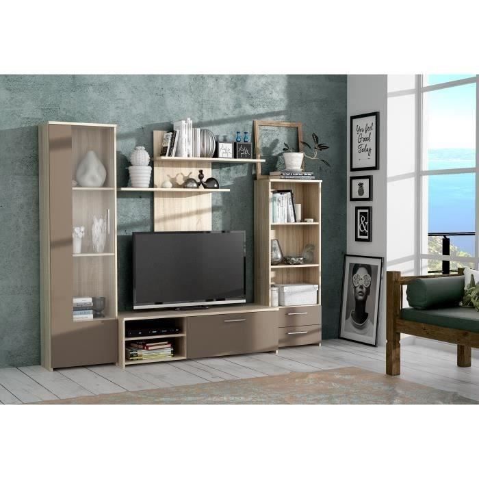 PYSYÄ Meuble TV mural contemporain en bois aggloméré décor chêne et taupe mat - L 230 cm