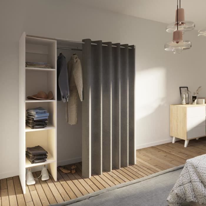 Dressing extensible PALMER - Blanc - 4 niches+penderie - Style contemporain -Rideau marron - L 123-160 x P 50 x H 182 cm -SYMBIOSIS