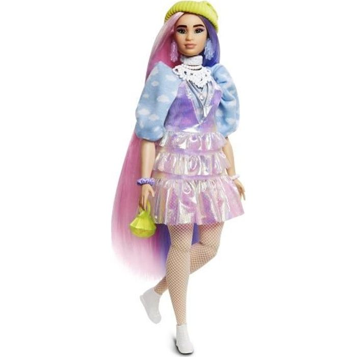 BARBIE EXTRA Bonnet Vert Cheveux Longs Mauve et Rose