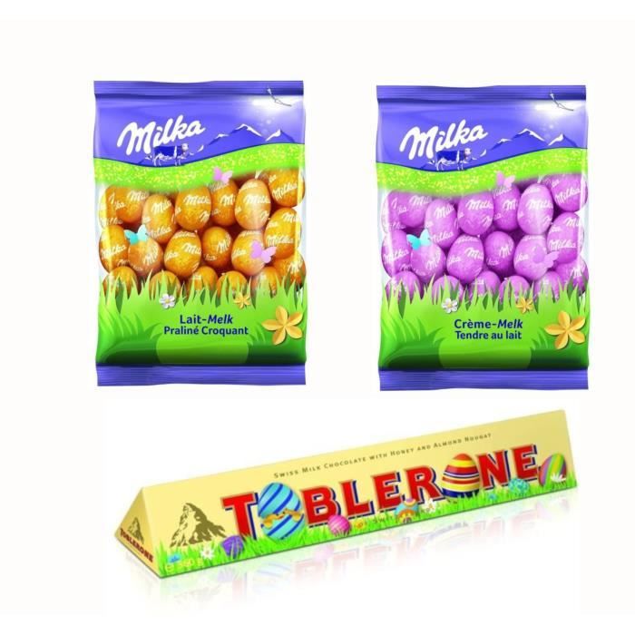 MILKA et TOBLERONE Chocolats de Pâques - Lot d'1 Barre de chocolat au Lait 360g et de 2 sachets de Petits Œufs Lait et Praliné 350g