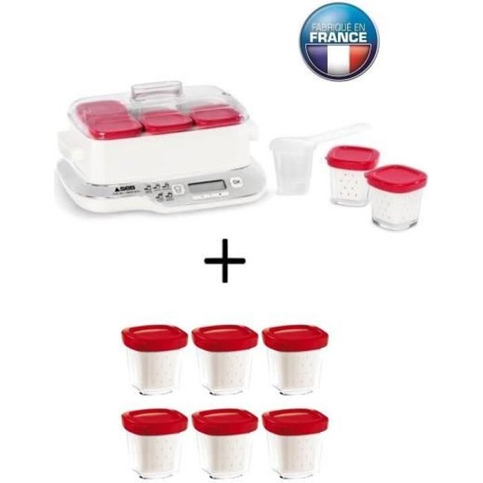 SEB YG660100 EXPRESS COMPACT Yaourtière multidélices 6 pots - Blanc/Rouge + 6 pots de yaourt en verre offerts