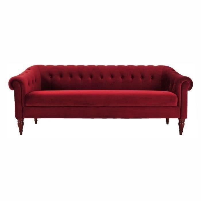 Canapé Chesterfield fixe 3 places - Velours rouge et pieds en bois - L 203,5 x P 80,5 x H 80 cm - LIAM