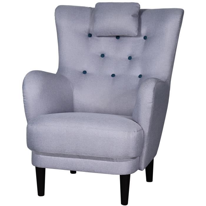 WERNER Fauteuil - Tissu Gris clair - Boutons bleu Paon - L 81 x P 90 x H 106 cm