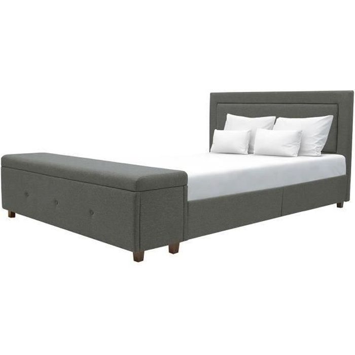 Lit adulte 160 x 200 cm + banc coffre de rangement - Tissu imitation lin gris - Sommier inclus - DREW