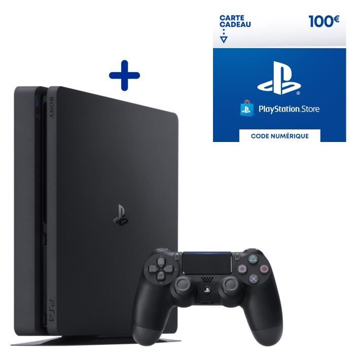 Console PS4 Slim 500Go Jet Black + 100€ Fonds pour porte-monnaie virtuel à utiliser sur le PlayStation Store - Code de Téléchargement PS4 & PS5