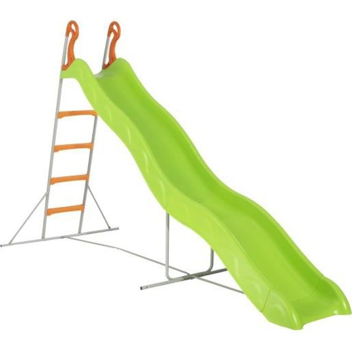 Toboggan PYROU de 3,32m de glisse , coloris vert avec 4 echelons anti-dérapant coloris orange, structure métal coloris gris.