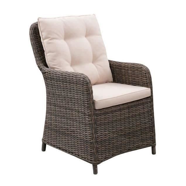 Fauteuil de jardin en acier et résine tressée - assise et dossier avec coussins - 64 x 65 x H.90 cm - Couleur rotin et Coussins Ecr