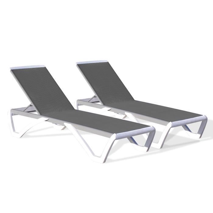 DCB GARDEN Lot de 2 chaises longues PVC et aluminium et textilène Riga - Gris, blanc et noir