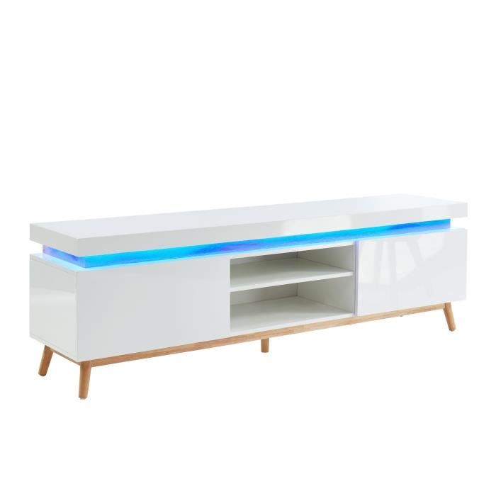 ALANIS Meuble TV à LED multicolore L 180 cm - Décor chêne et blanc