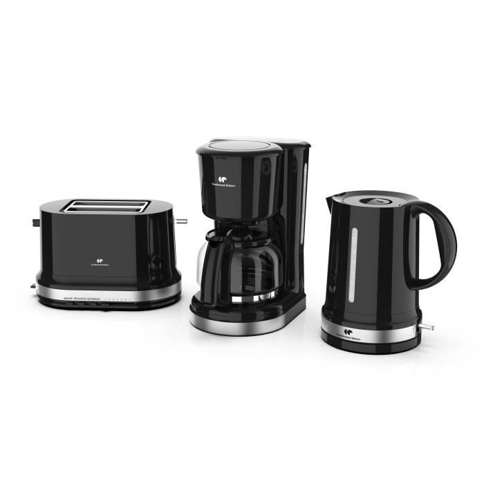 CONTINENTAL EDISON - Pack petit Dejeuner BS1N - Cafetière 1,25L + Grille-pain 2 fentes + Bouilloire 1,70L - Noir & Inox