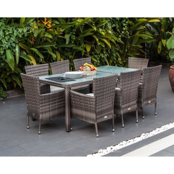 Ensemble repas de jardin 8 personnes- Table 190x90cm + 8 fauteuils - plateau verre trempé et structure résine tressée - Gris - FEROE